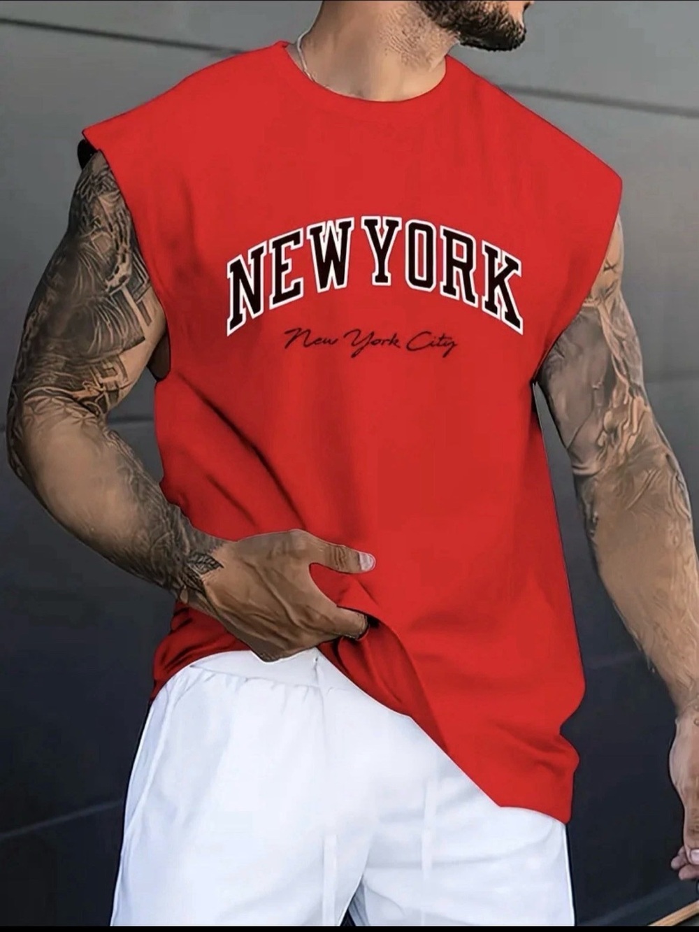 Men's Red Sleeveless Tank Top with 'New York' Print